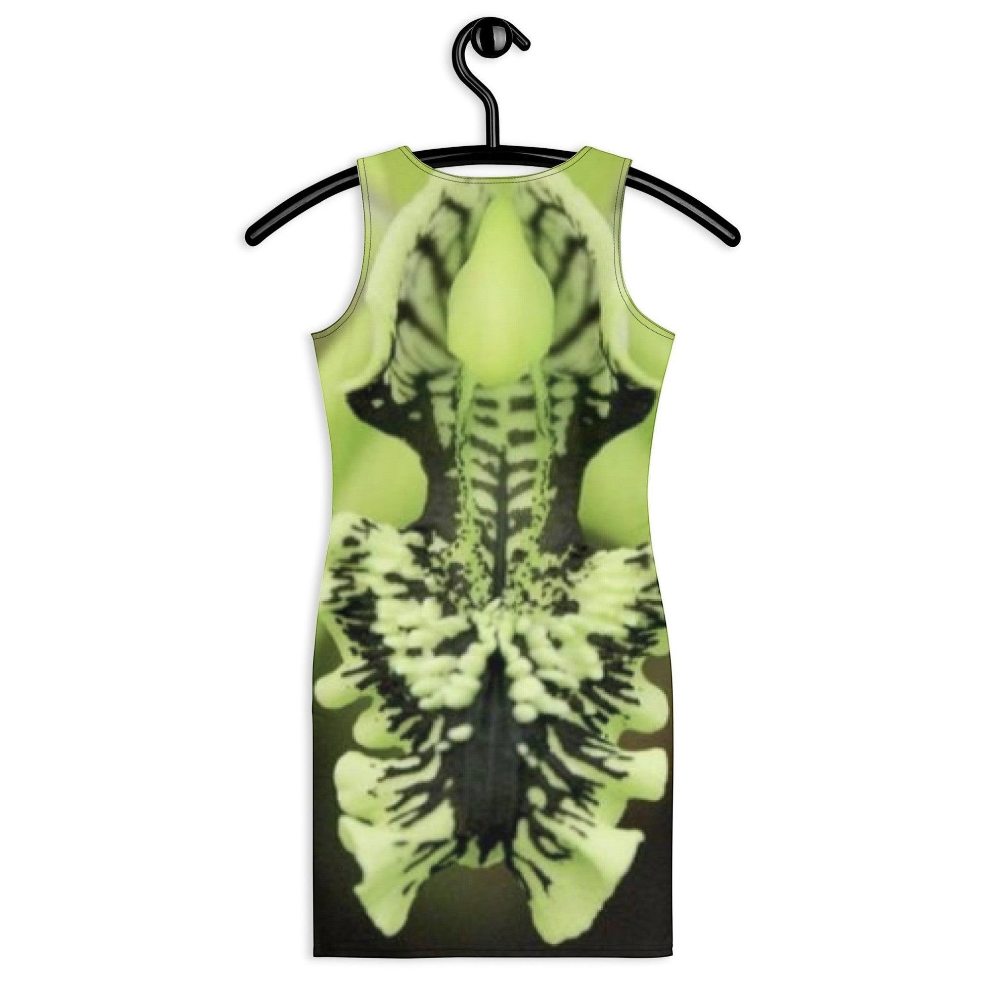 65mcmlxv Abstract Botanical Orchid Print Sleeveless Bodycon Dress in lime green and black. Stretchy fabric, scoop neck.