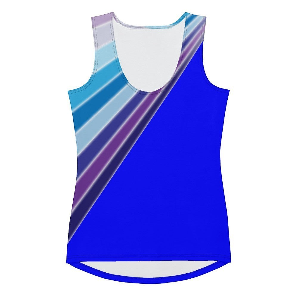 65mcmlxv abstract diagonal stripe tank top in blue, purple, and white. Lightweight, breathable fabric.