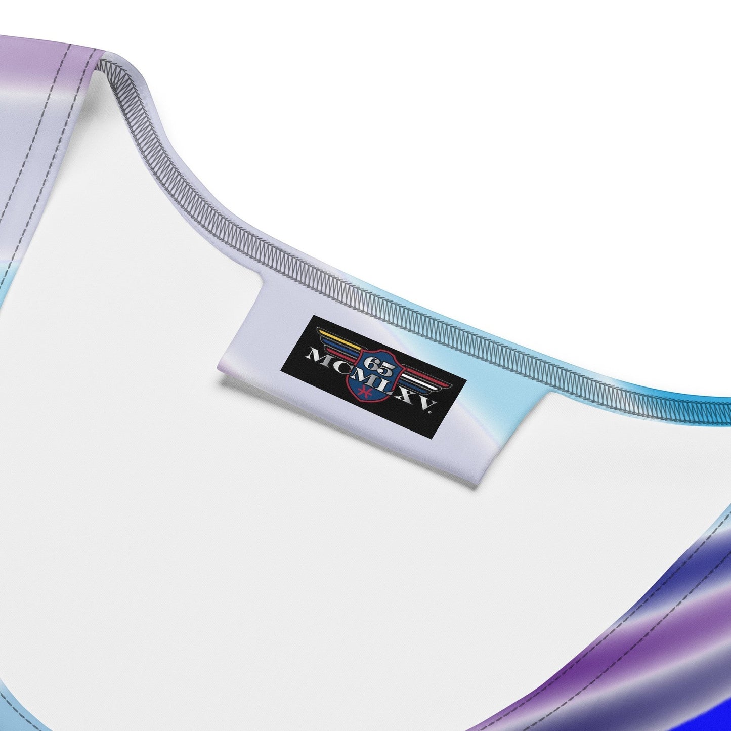 65mcmlxv abstract diagonal stripe tank top in blue, purple, and white. Soft, breathable fabric with a flattering fit.