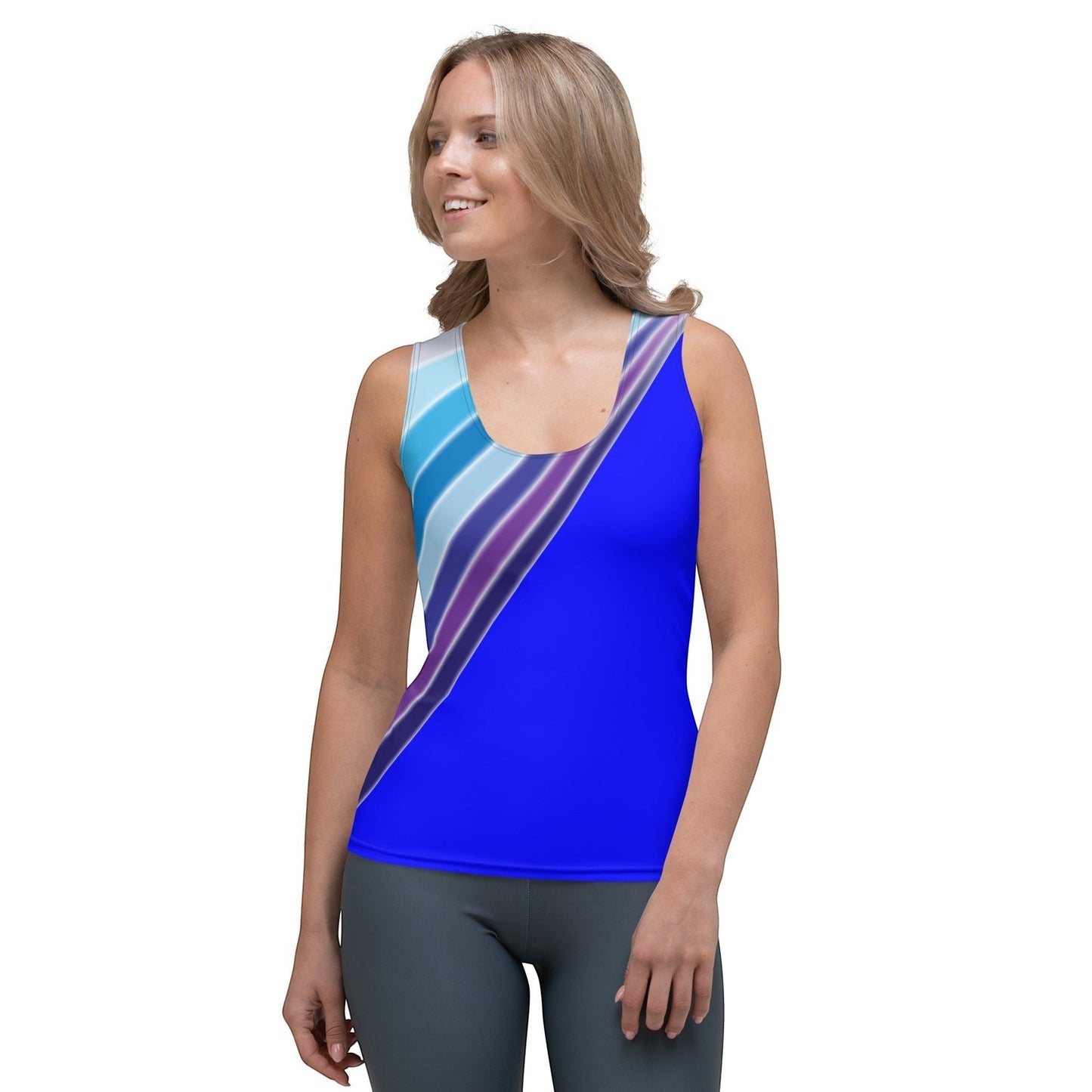 65mcmlxv abstract diagonal stripe tank top in blue, purple, and white. Sleeveless, breathable fabric.