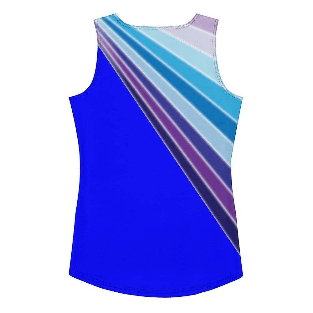 65mcmlxv abstract diagonal stripe tank top in blue, purple, and white. Sleeveless, crew neck, breathable fabric.