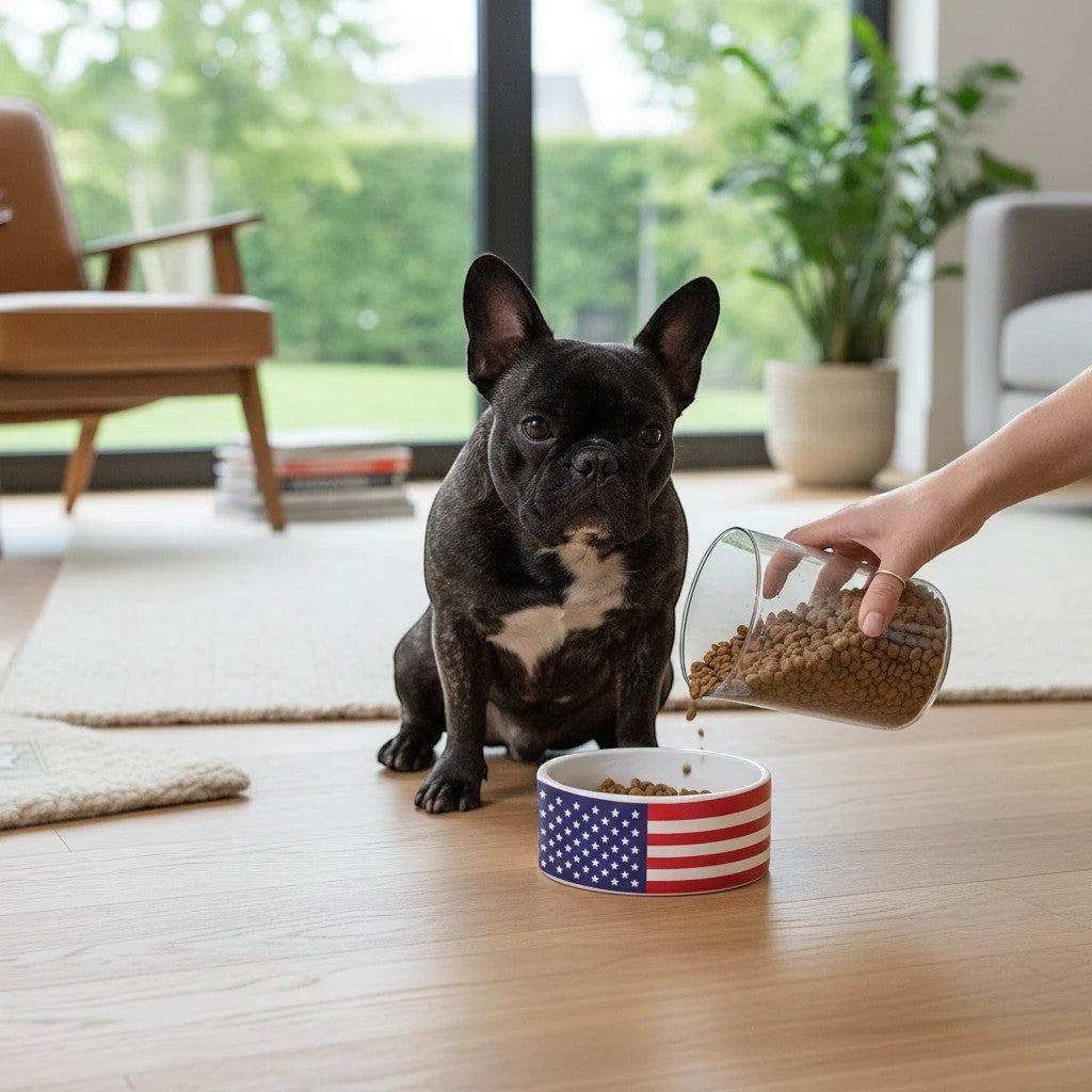 65mcmlxv American flag print ceramic pet bowl, dishwasher safe, 39 fl.oz capacity, 7" diameter.