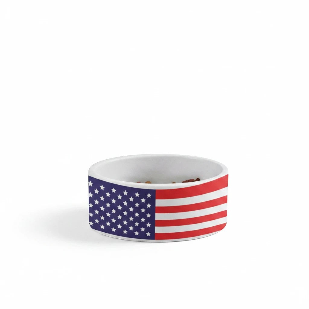 65mcmlxv American Flag pet food bowl for dogs and cats, ceramic, white interior, patriotic design.