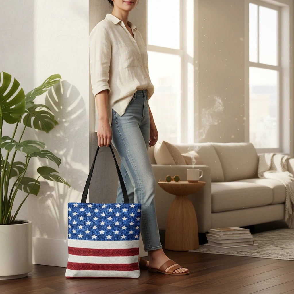 65mcmlxv American Flag print tote bag with red, white, and blue stripes and stars.