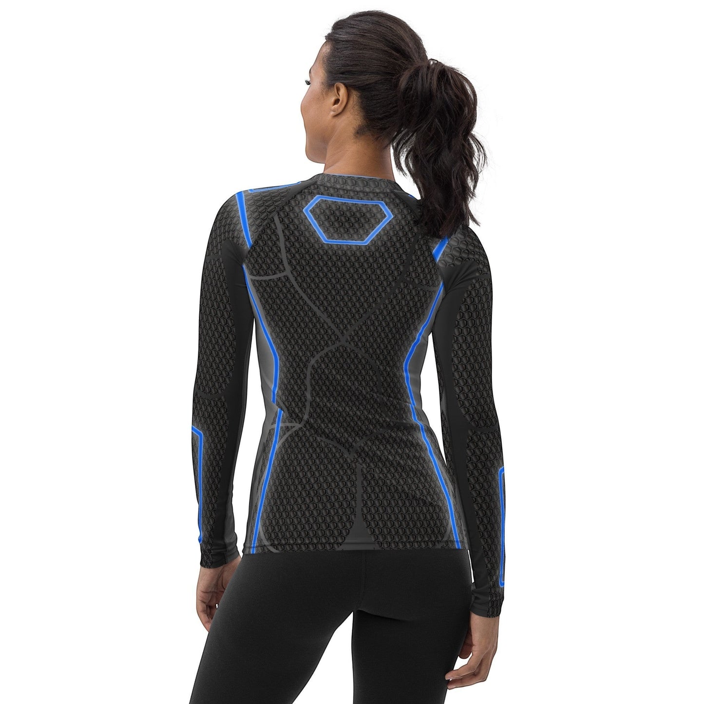 65mcmlxv women's black long-sleeve rash guard with blue futuristic accents and hexagonal pattern