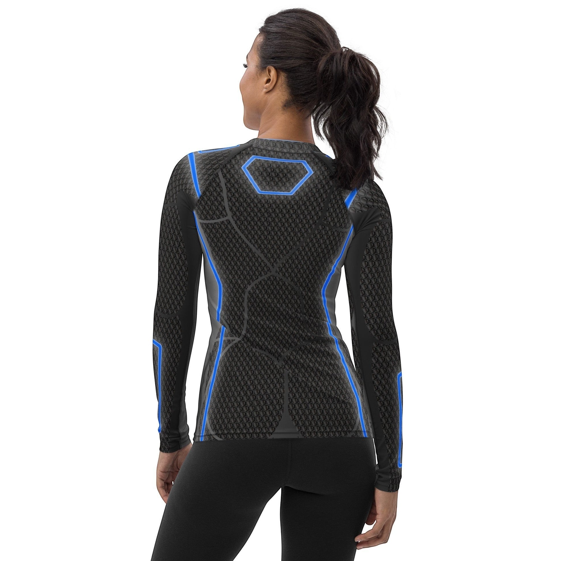 65mcmlxv women's black long-sleeve rash guard with blue futuristic accents and hexagonal pattern