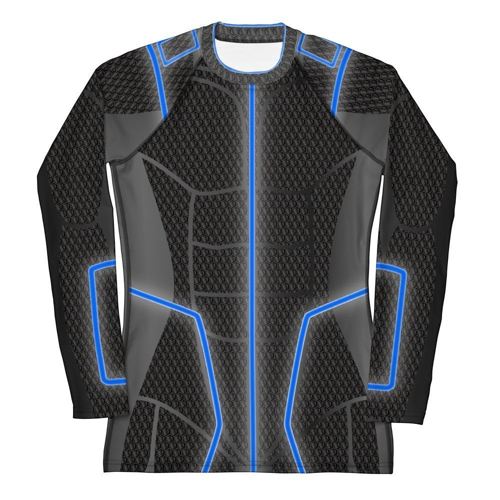 65mcmlxv Women's long-sleeve rash guard with a black honeycomb pattern and blue glowing accents. UPF 50+.