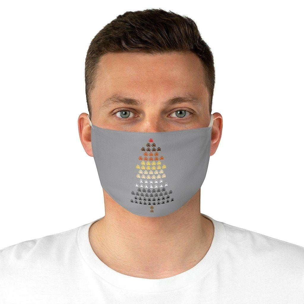 65mcmlxv grey polyester face mask with a Christmas tree made of bear pride flag paw prints.
