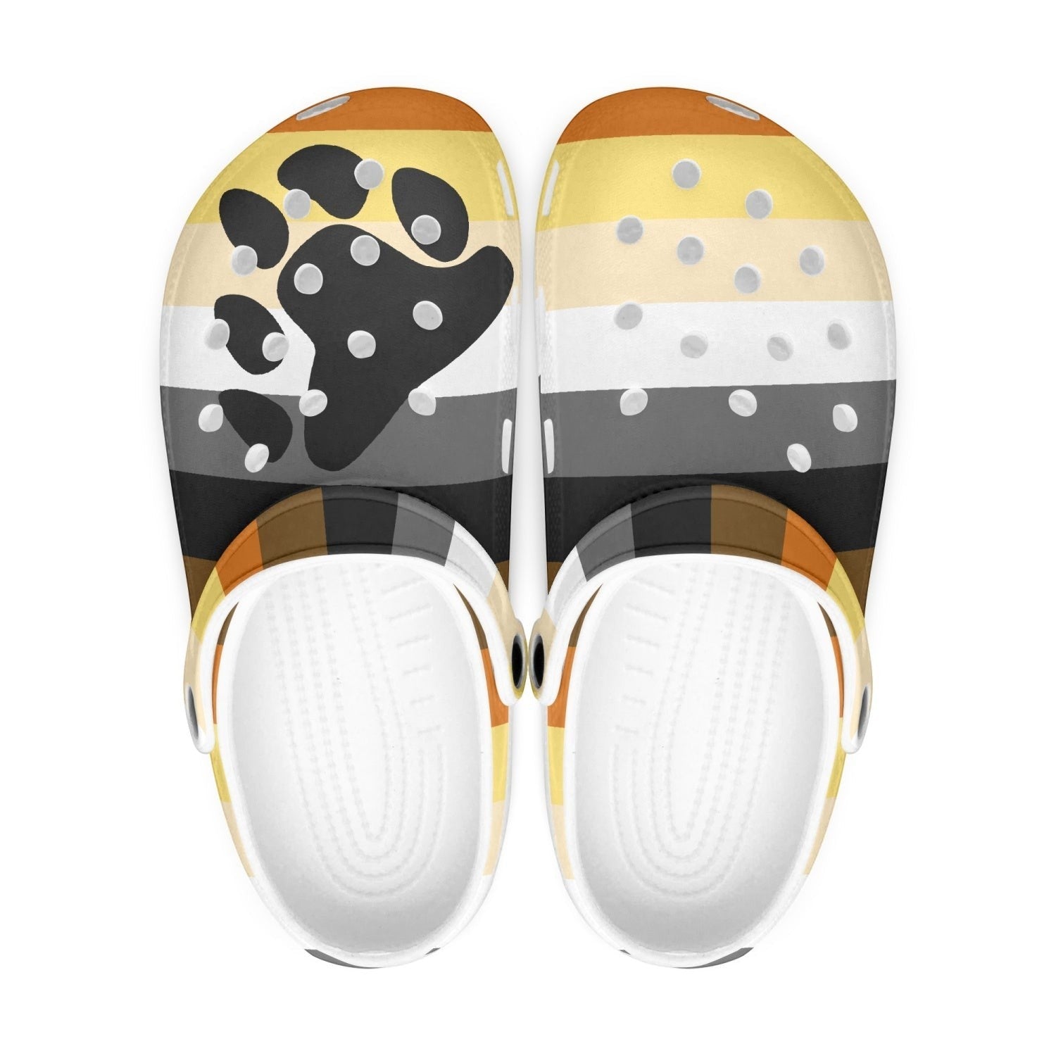 65mcmlxv Men's clogs with bear pride flag print and paw graphic. Multi-colored stripes and plaid.