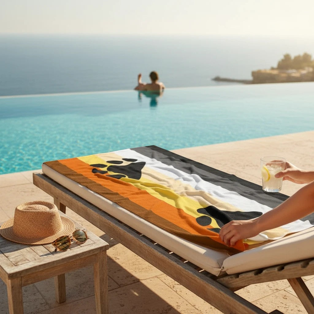 65mcmlxv Bear Pride flag beach towel with black paw prints, orange, yellow, white, and grey stripes. Polyester and cotton.