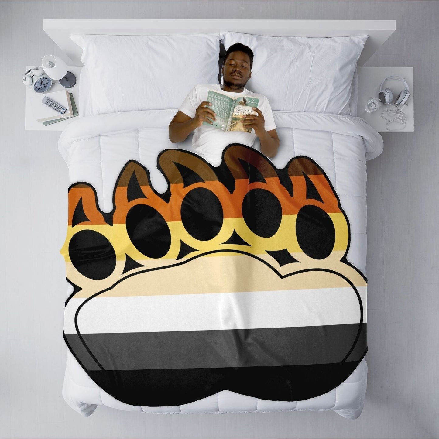 65mcmlxv Bear Pride flag paw print fleece throw blanket with brown, orange, yellow, black, white, and grey stripes.