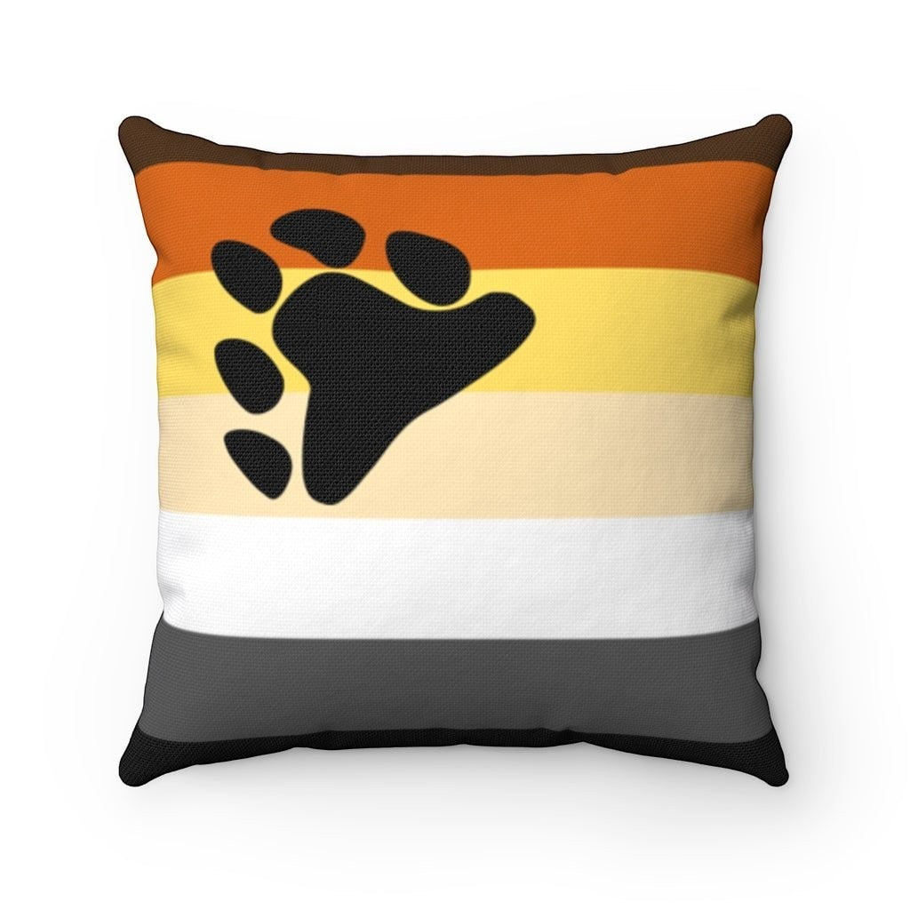 65mcmlxv Bear Pride flag print polyester pillow cover with black paw print graphic.