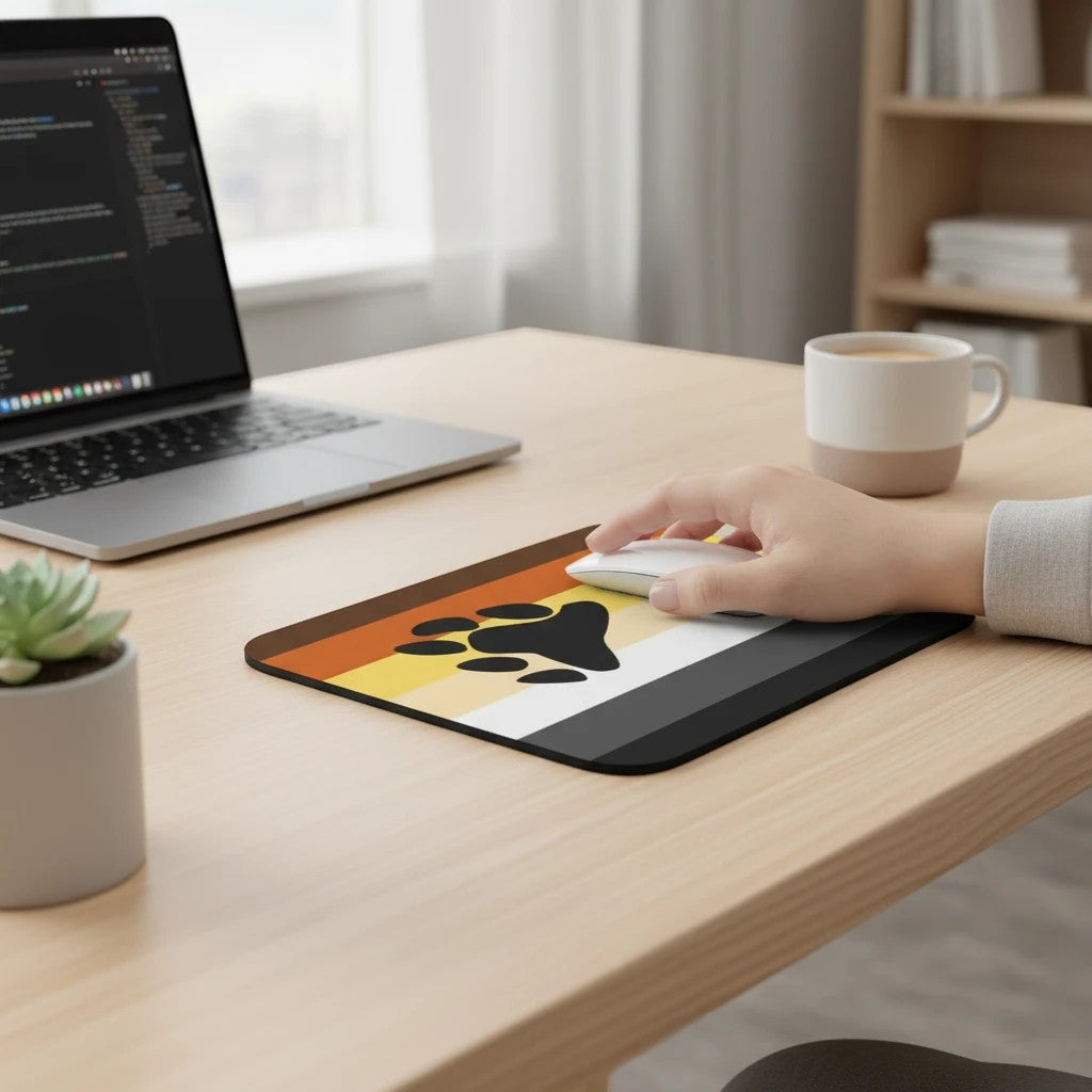 65mcmlxv Bear Pride Flag print mouse pad with black paw print on orange, yellow, white, grey, and black stripes.