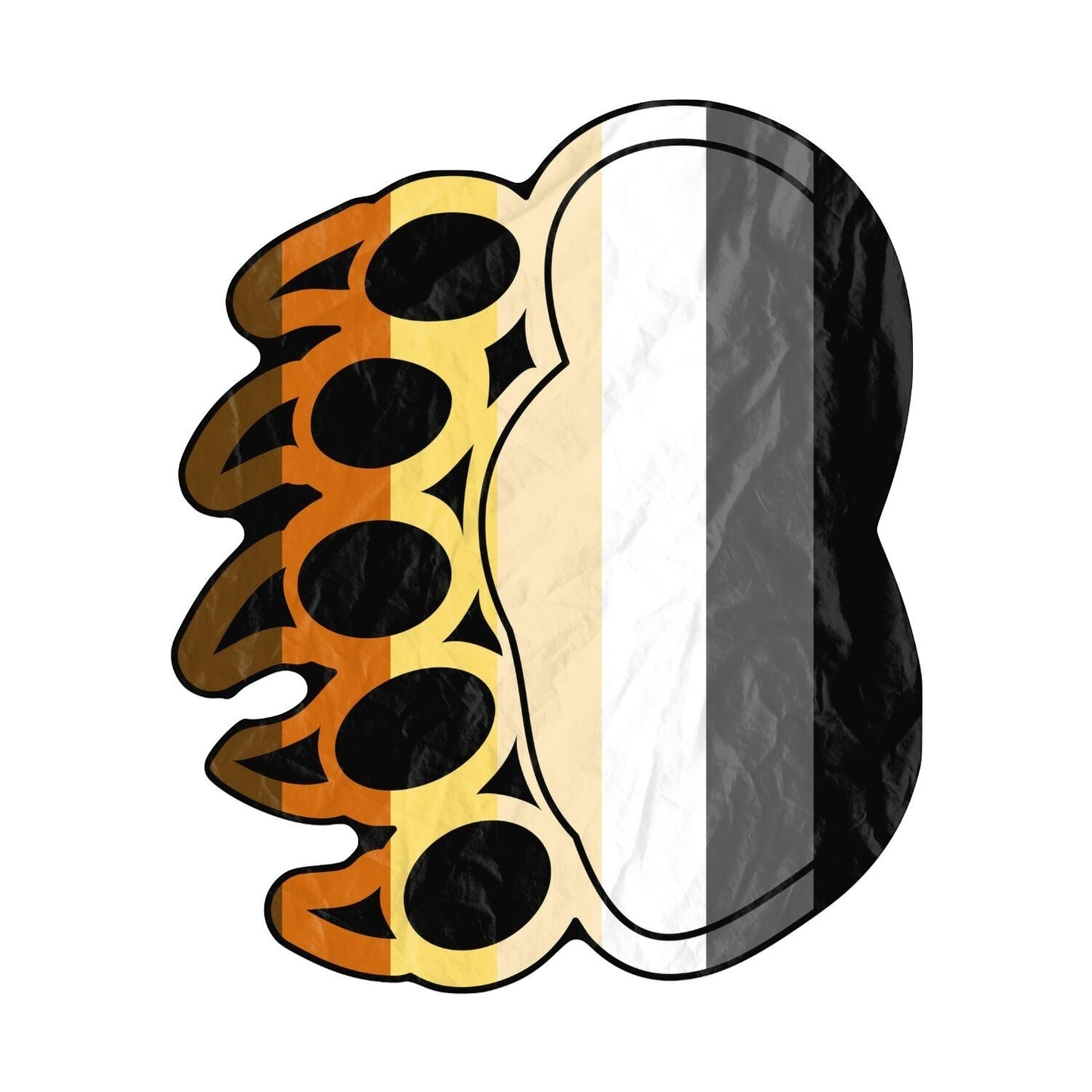 65mcmlxv Bear Pride flag paw print beach towel with brown, orange, yellow, cream, white, grey, and black stripes.