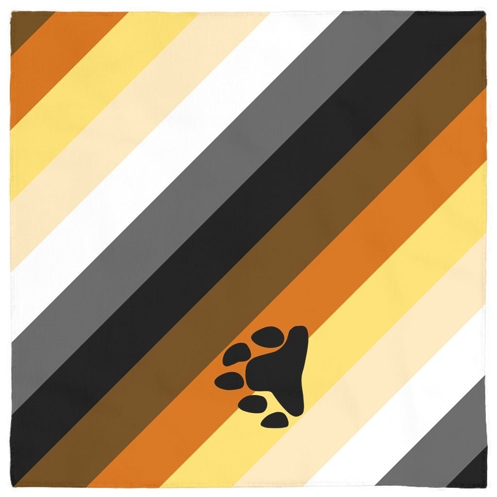 65mcmlxv LGBT Bear Pride flag print polyester pet bandana with paw print and hemmed edges.