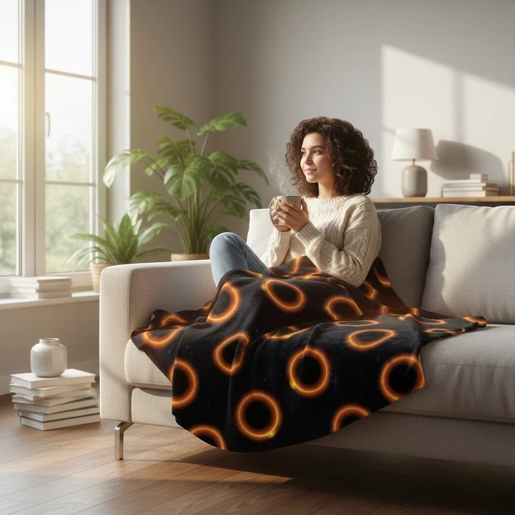 65mcmlxv black polar fleece blanket with solar eclipse polka dot pattern, 130 x 175 cm
