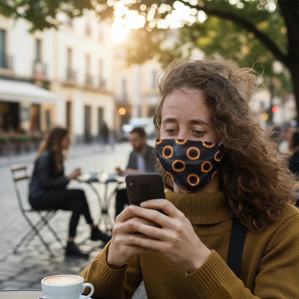 65mcmlxv black face mask with solar eclipse polka dot pattern, adjustable ear loops, and nose crimps.