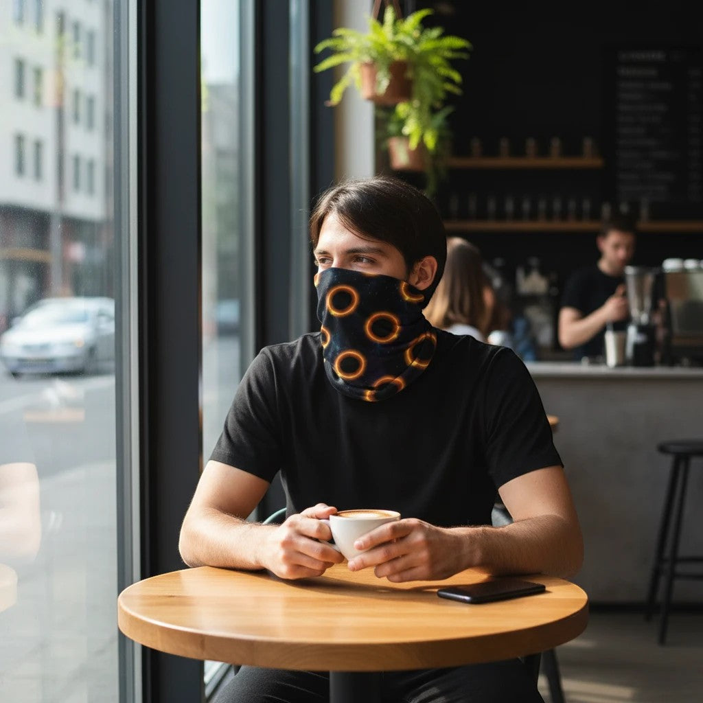 65mcmlxv black neck gaiter with solar eclipse polka dot pattern. Polyester and Lycra blend.
