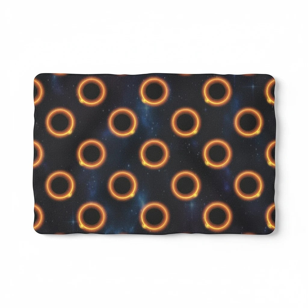 65mcmlxv black pet blanket with solar eclipse polka dot pattern, made of polyester polar cuddle fleece.