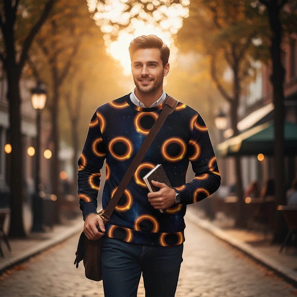 65mcmlxv Unisex black sweatshirt with solar eclipse polka dot pattern, crew neck, long sleeves, ribbed cuffs and hem.