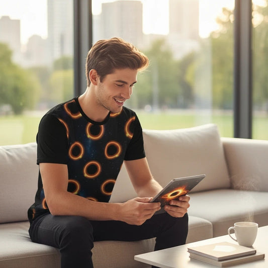 65mcmlxv Unisex black t-shirt with solar eclipse polka dot pattern on front, plain black back. Polyester/cotton blend.