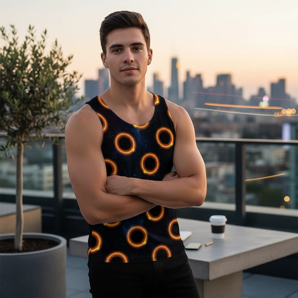65mcmlxv black unisex tank top with solar eclipse polka dot pattern, 100% polyester