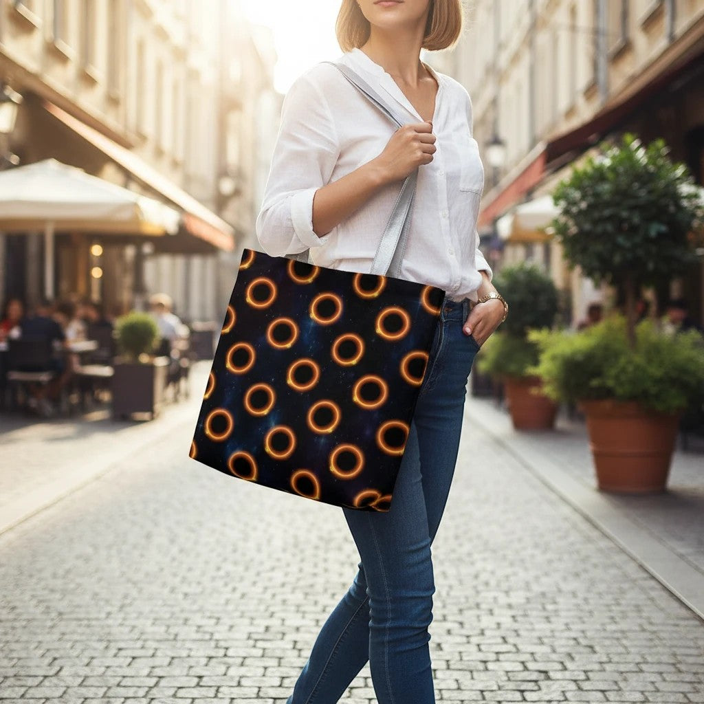 65mcmlxv black tote bag with solar eclipse polka dot pattern, made of polyester.