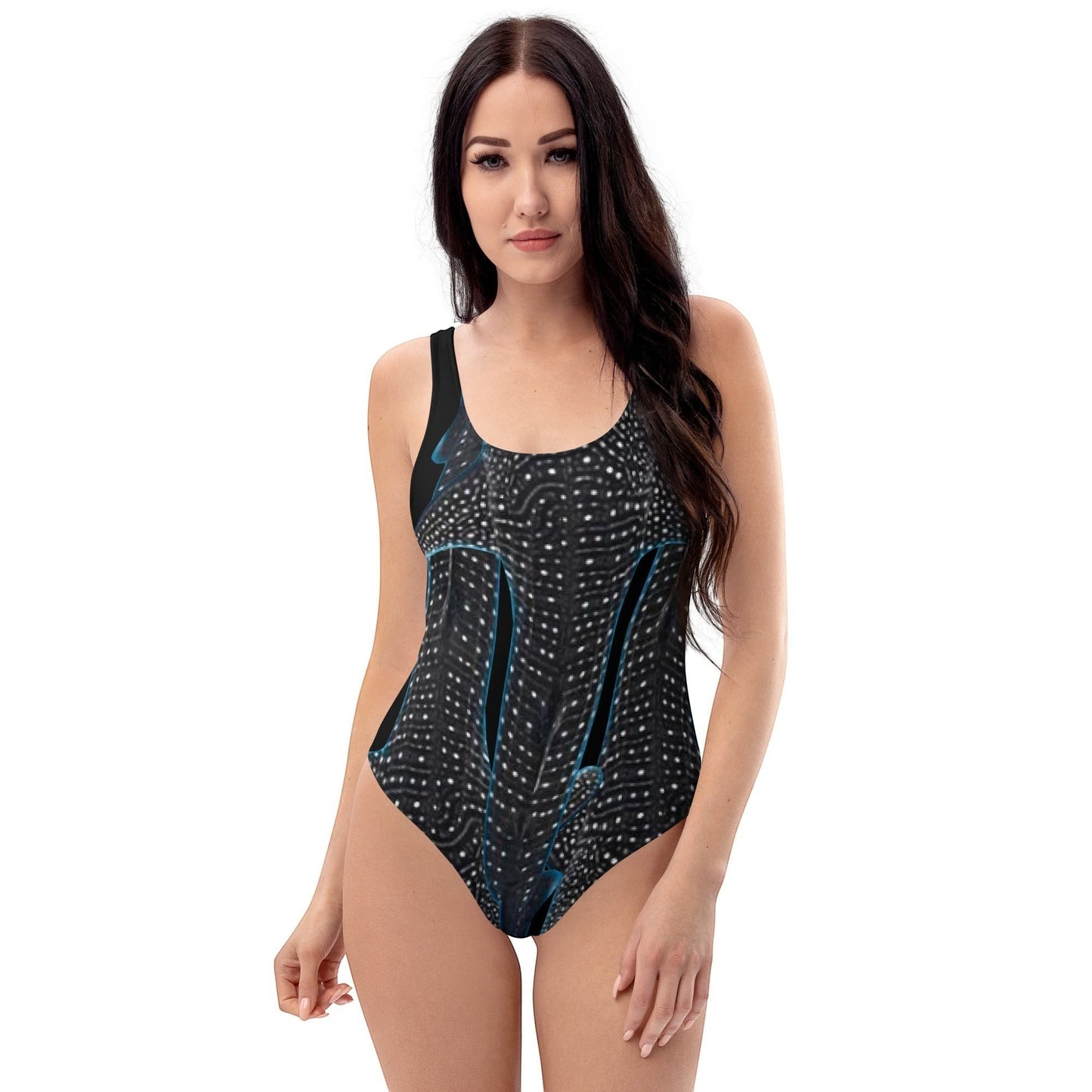 65mcmlxv black one-piece swimsuit with whale shark print, scoop neck, low back, and UPF 50+ protection.