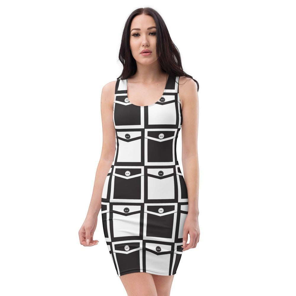 65mcmlxv women's fitted black and white mod haute pockets print dress made of polyester and spandex.