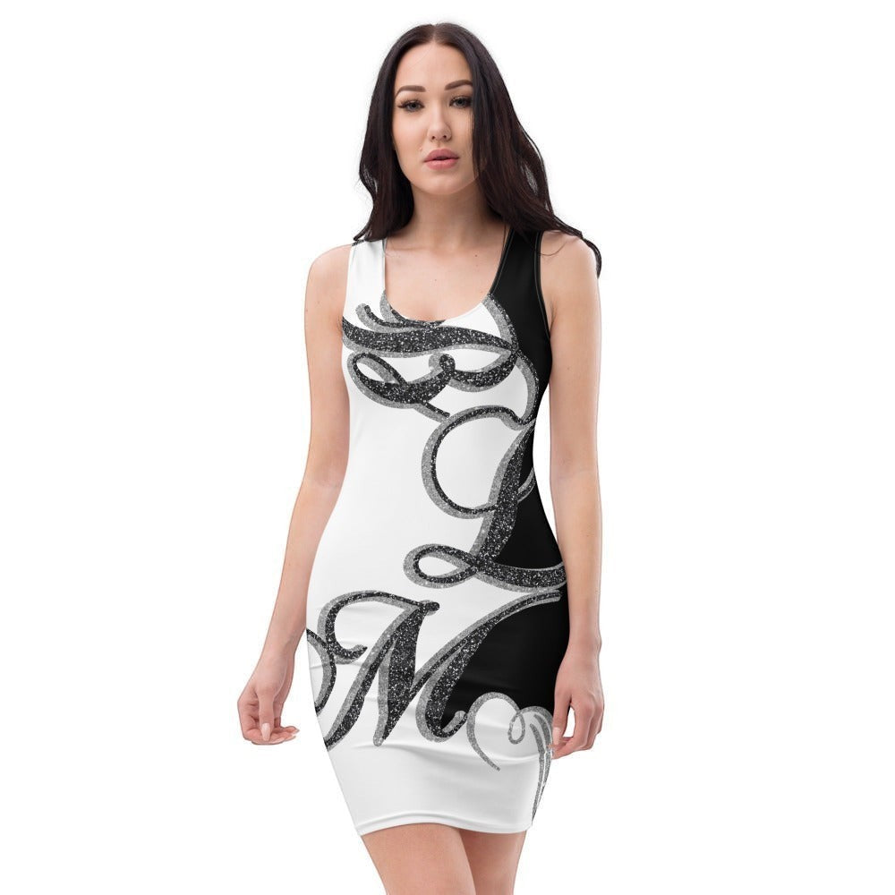 65mcmlxv black and white bodycon dress with shimmering script monograms, sleeveless, scoop neck.