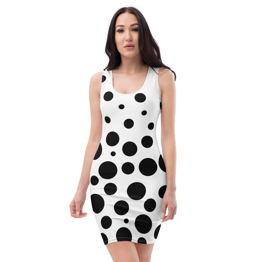 65mcmlxv women's fitted white dress with a black polka dot print. Made from polyester and spandex.