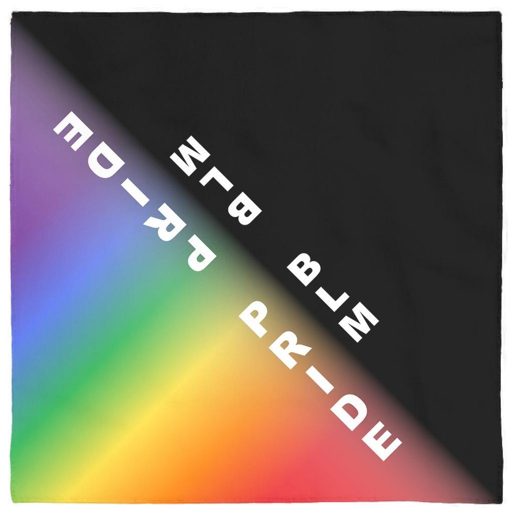 65mcmlxv polyester bandana with rainbow gradient and BLM Pride text. Hemmed edges.