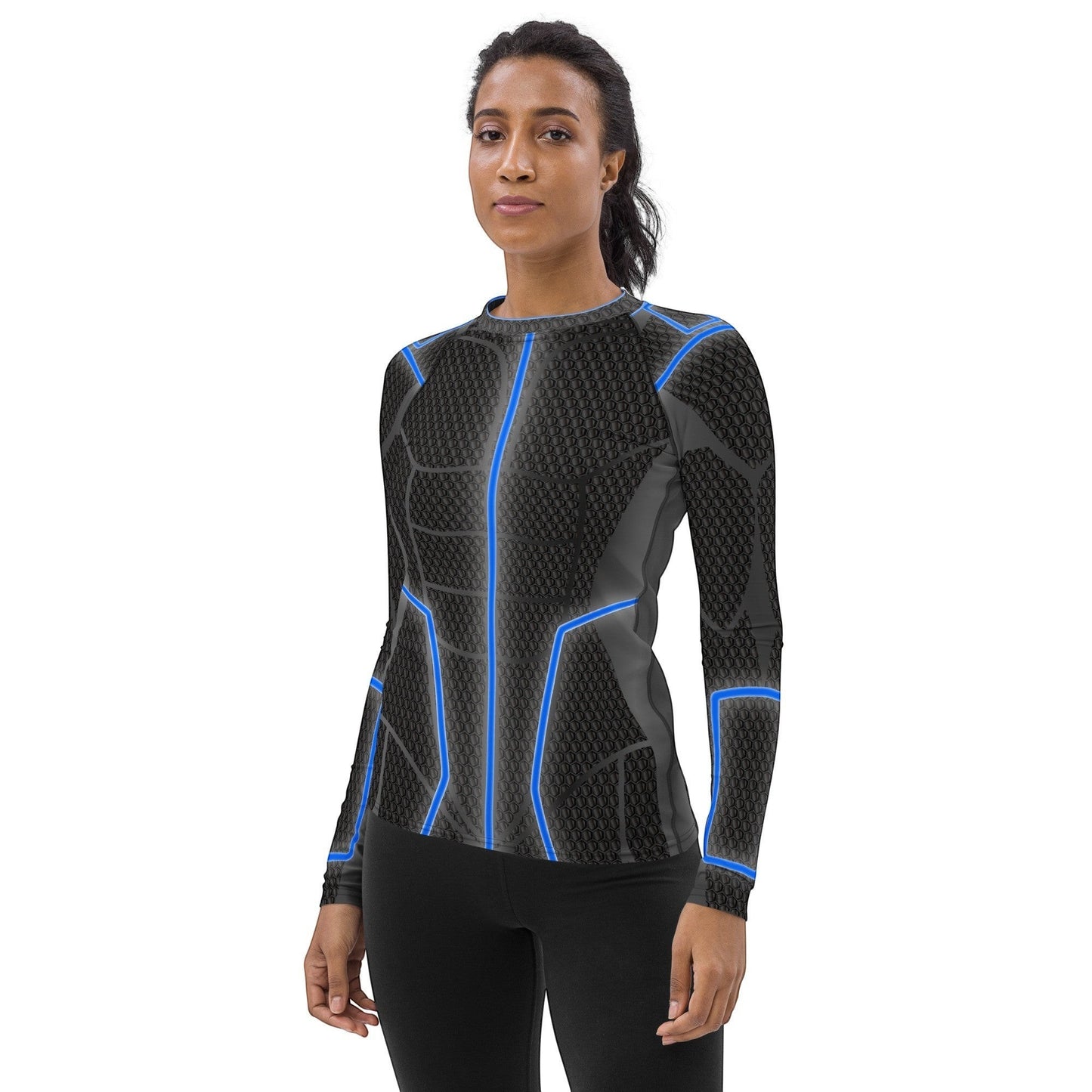65mcmlxv Women's long-sleeve rash guard with a black textured pattern and blue futuristic lines. UPF 50+.
