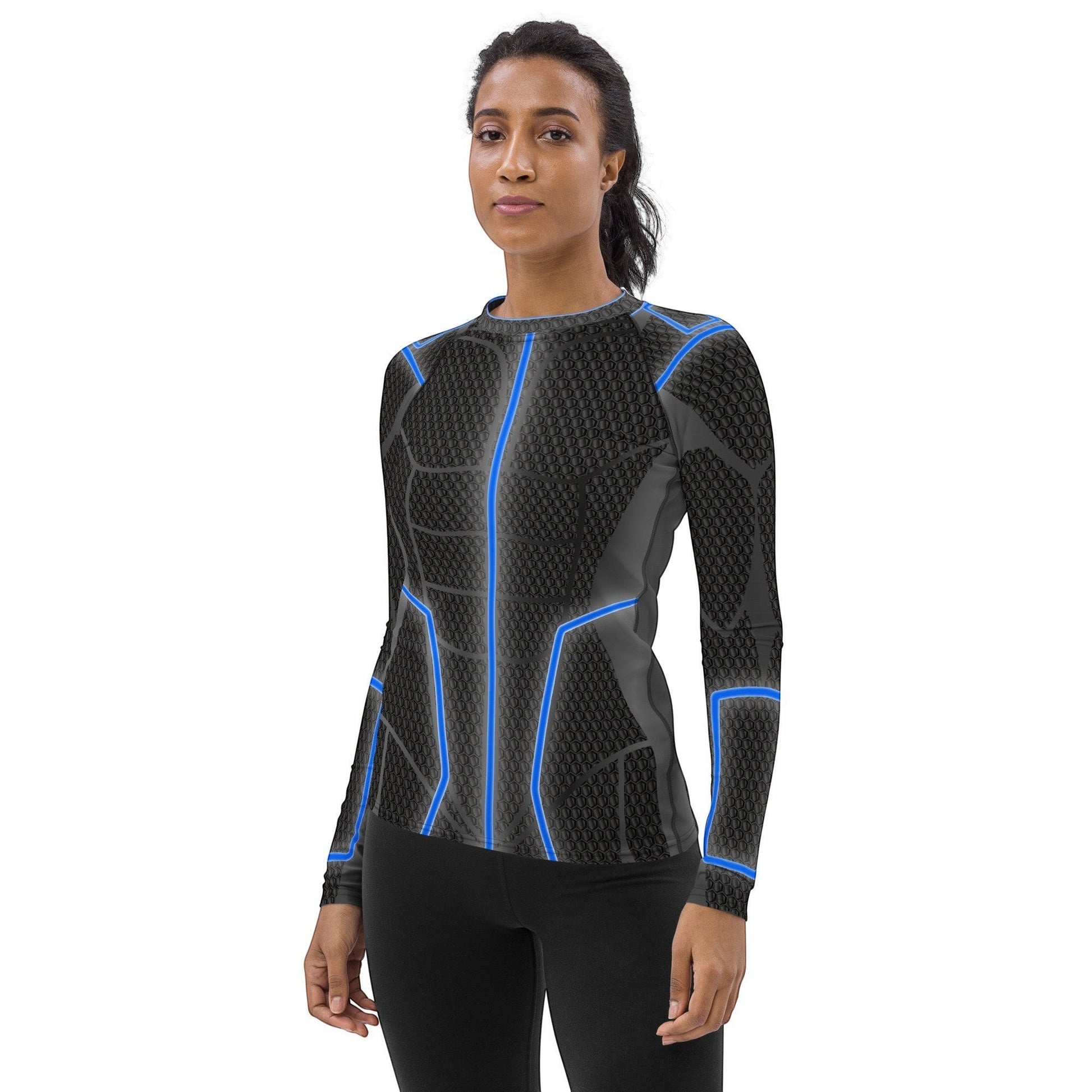 65mcmlxv Women's long-sleeve rash guard with a black textured pattern and blue futuristic lines. UPF 50+.