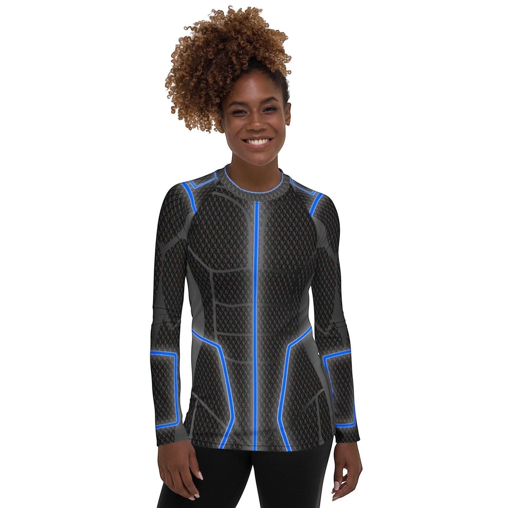 65mcmlxv women's long-sleeve rash guard with a black, blue, and grey futuristic design. UPF 50+.