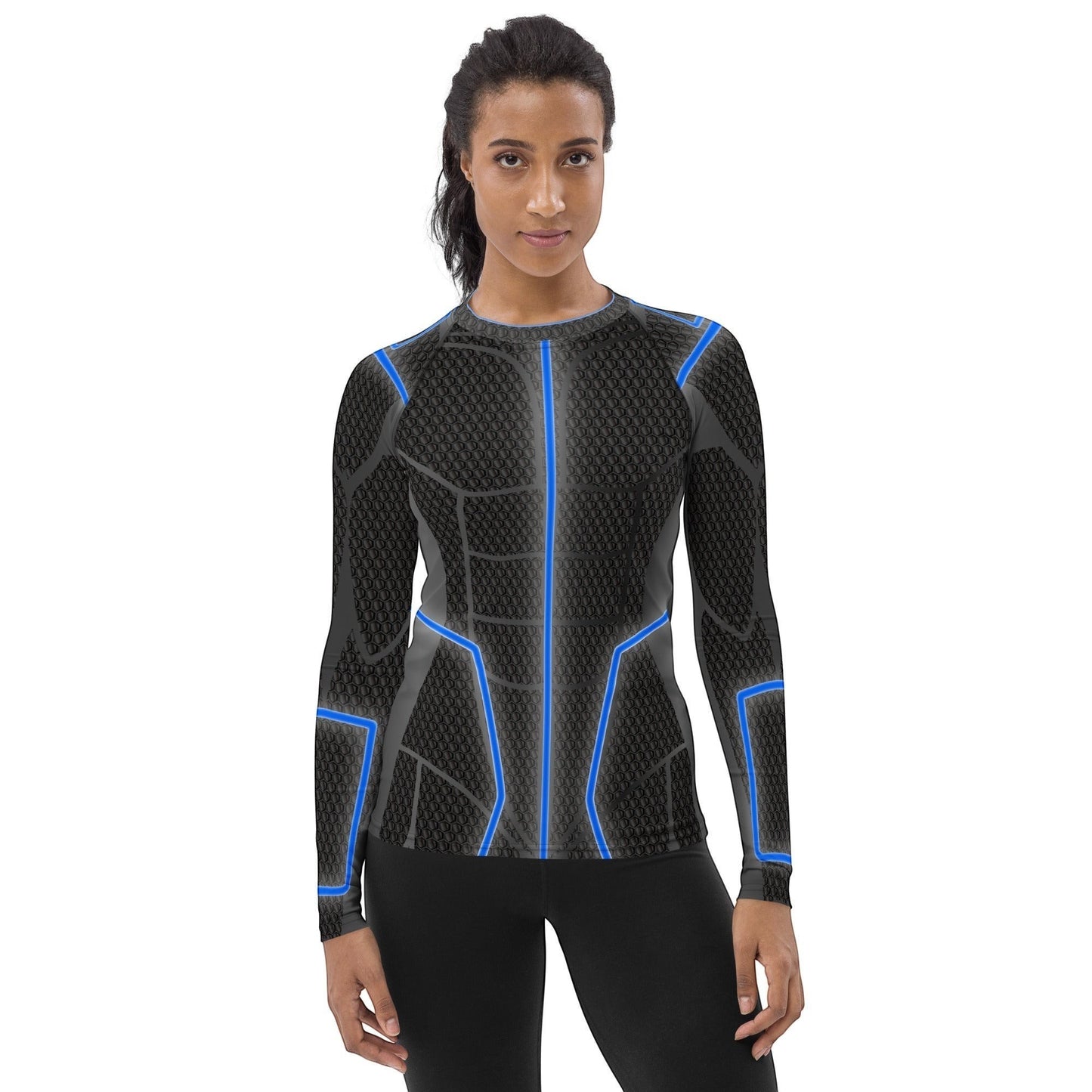 65mcmlxv Women's long-sleeve rash guard with blue accents and a textured black pattern. UPF 50+.