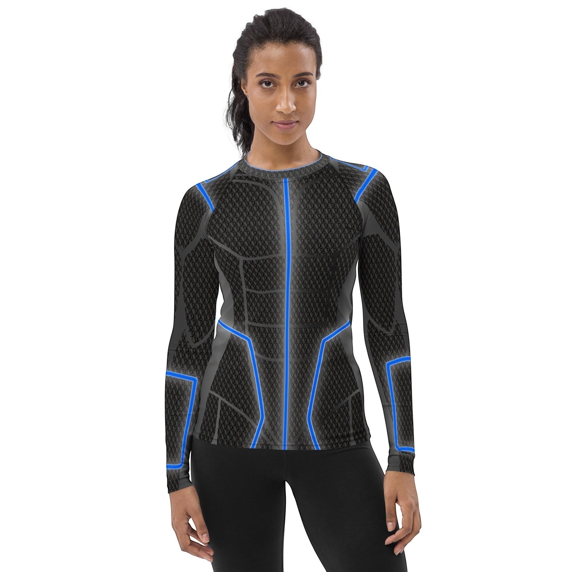 65mcmlxv Women's long-sleeve rash guard with blue accents and a textured black pattern. UPF 50+.