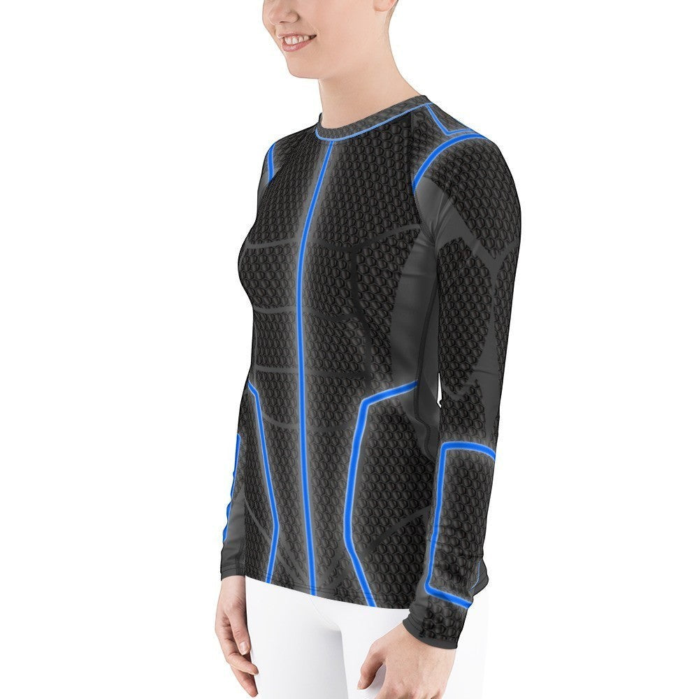 65mcmlxv women's long-sleeve rash guard with blue circuit-like accents on a black textured background.