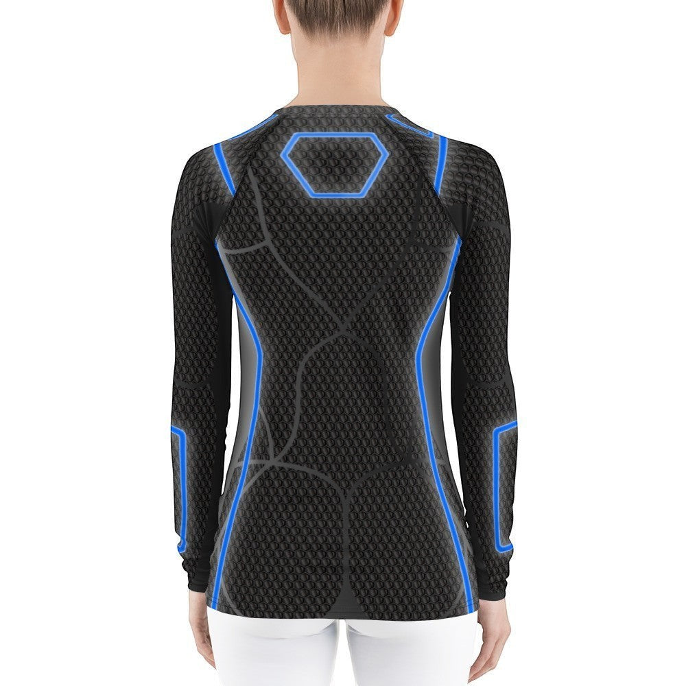 65mcmlxv women's black long-sleeve rash guard with blue futuristic accents and hexagonal pattern. UPF 50+.