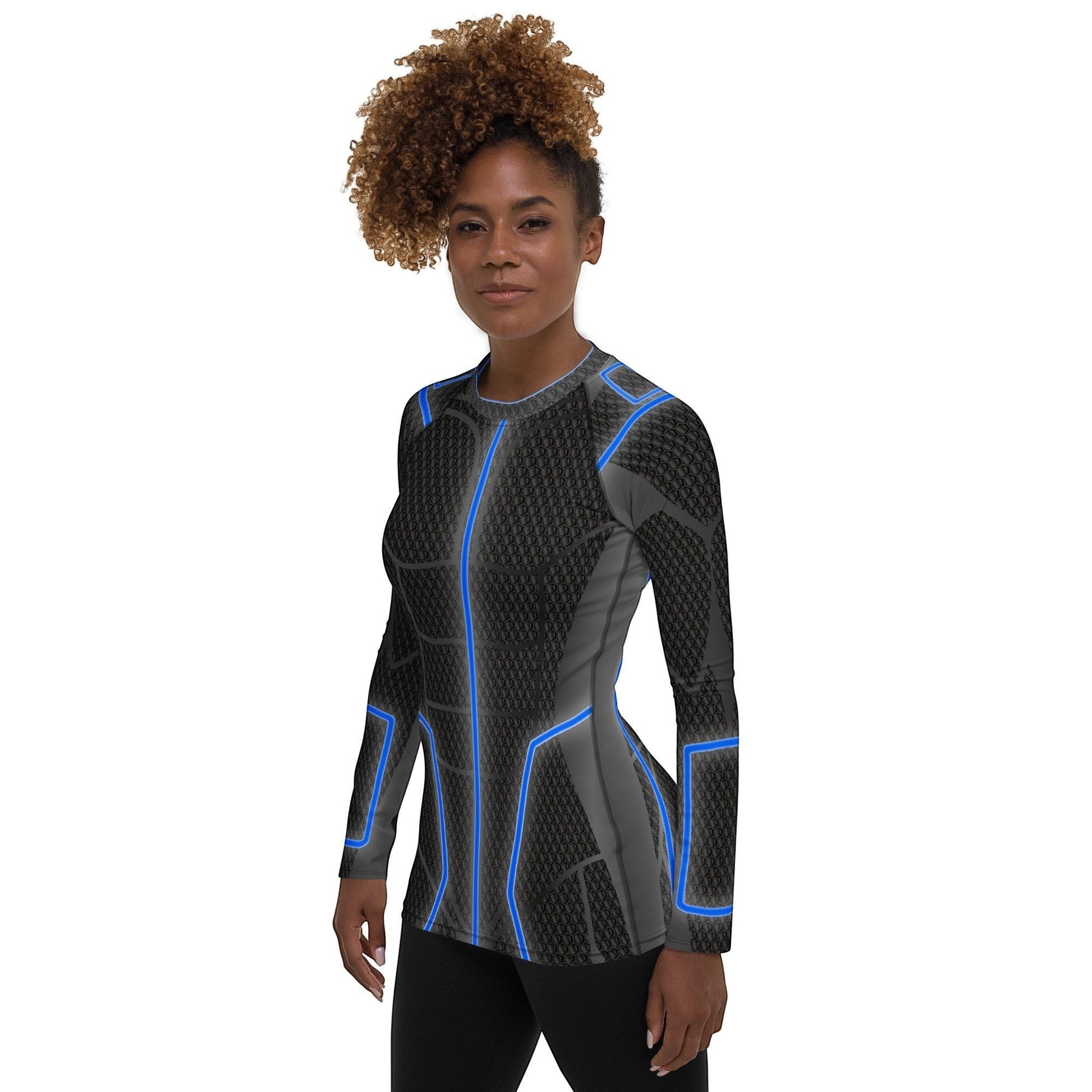 65mcmlxv Women's long-sleeve rash guard in black with blue futuristic accents. UPF 50+.