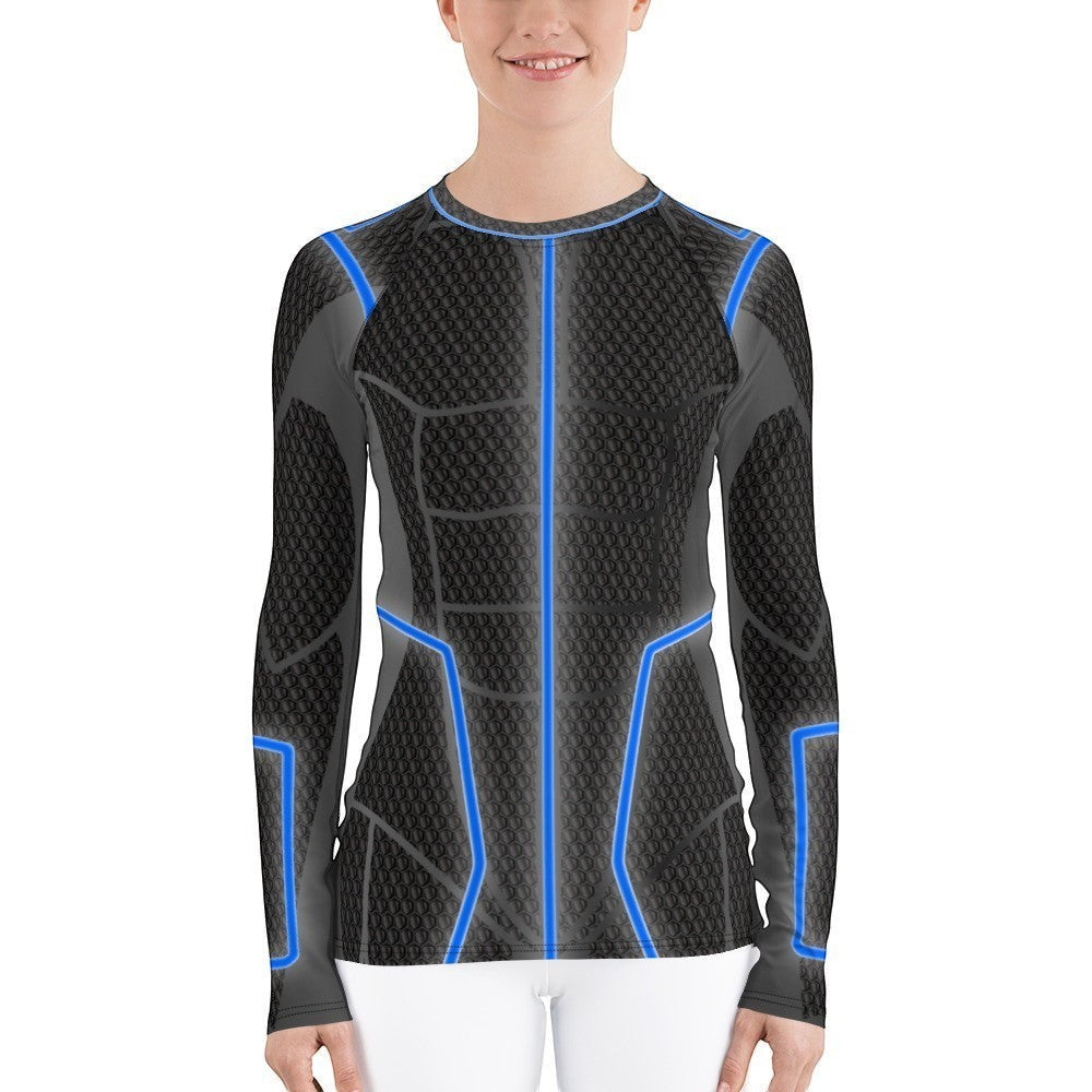 65mcmlxv Women's long-sleeve rash guard with a black textured pattern and blue futuristic accents. UPF 50+.