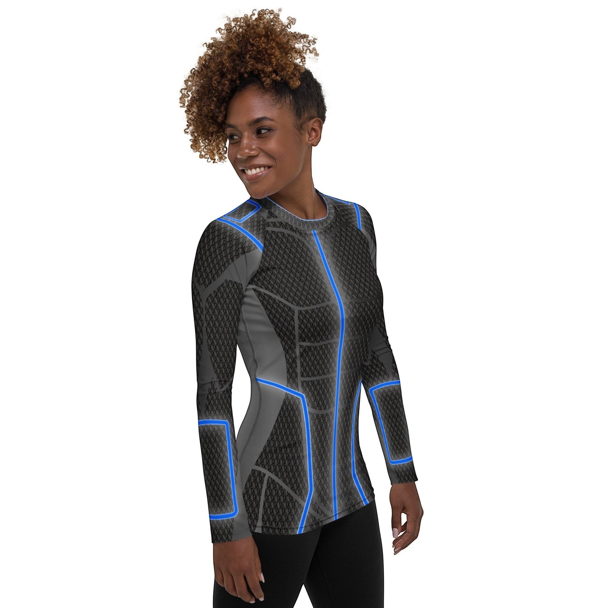 65mcmlxv Women's long-sleeve rash guard in grey with blue accents, UPF 50+ protection, fitted design.