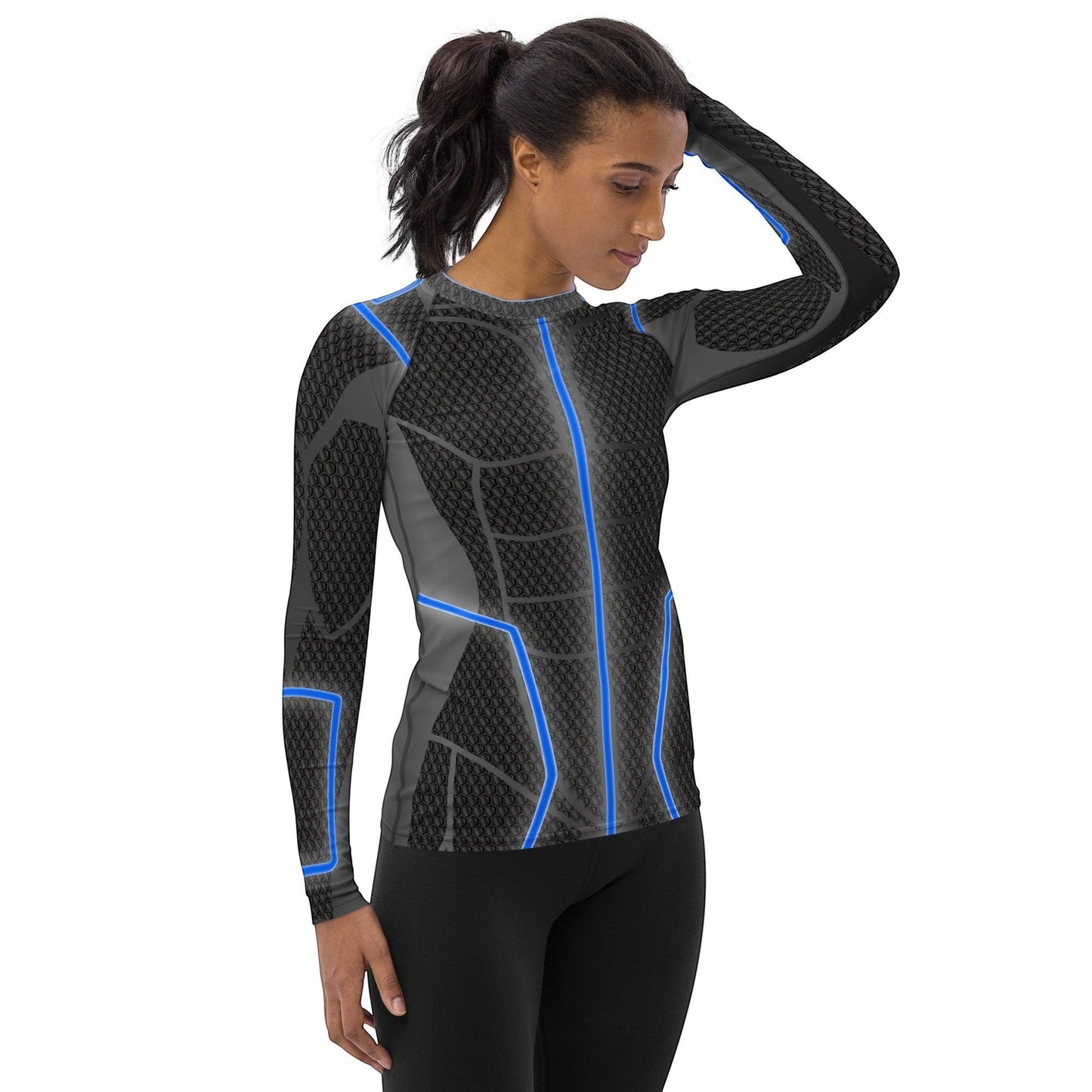65mcmlxv women's long-sleeve rash guard in black with blue accents, UPF 50+ protection, fitted design.