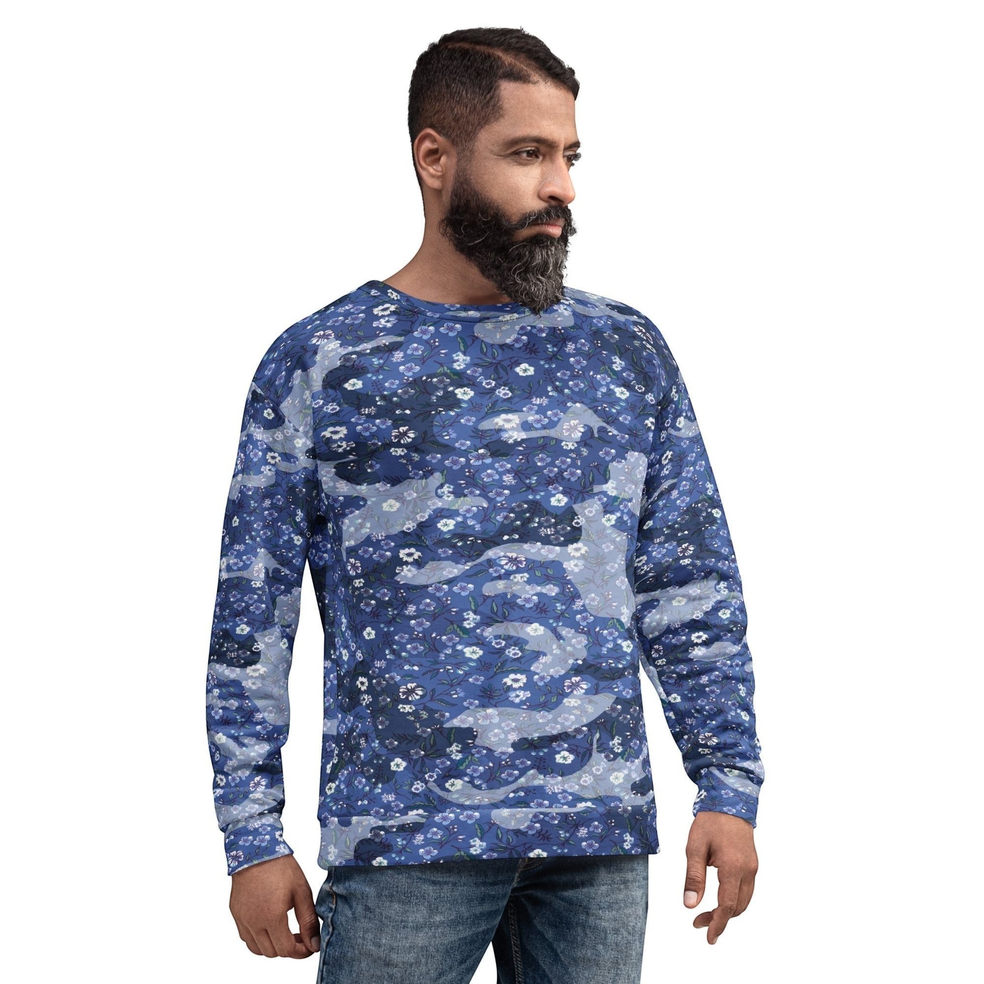 65mcmlxv unisex blue camouflage and floral print fleece sweatshirt with crew neck and long sleeves.