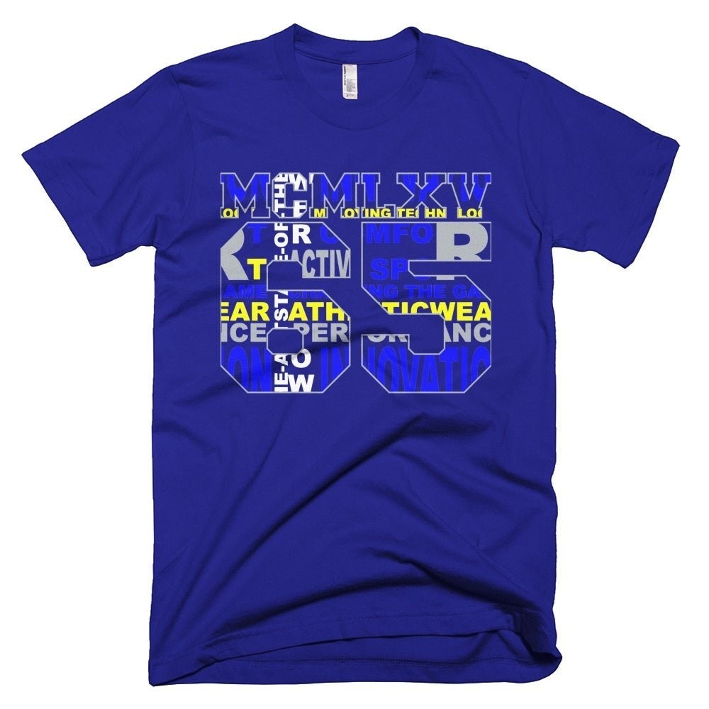 65mcmlxv blue cotton t-shirt with a graphic print featuring the number 55 and MCM LXV in typography.