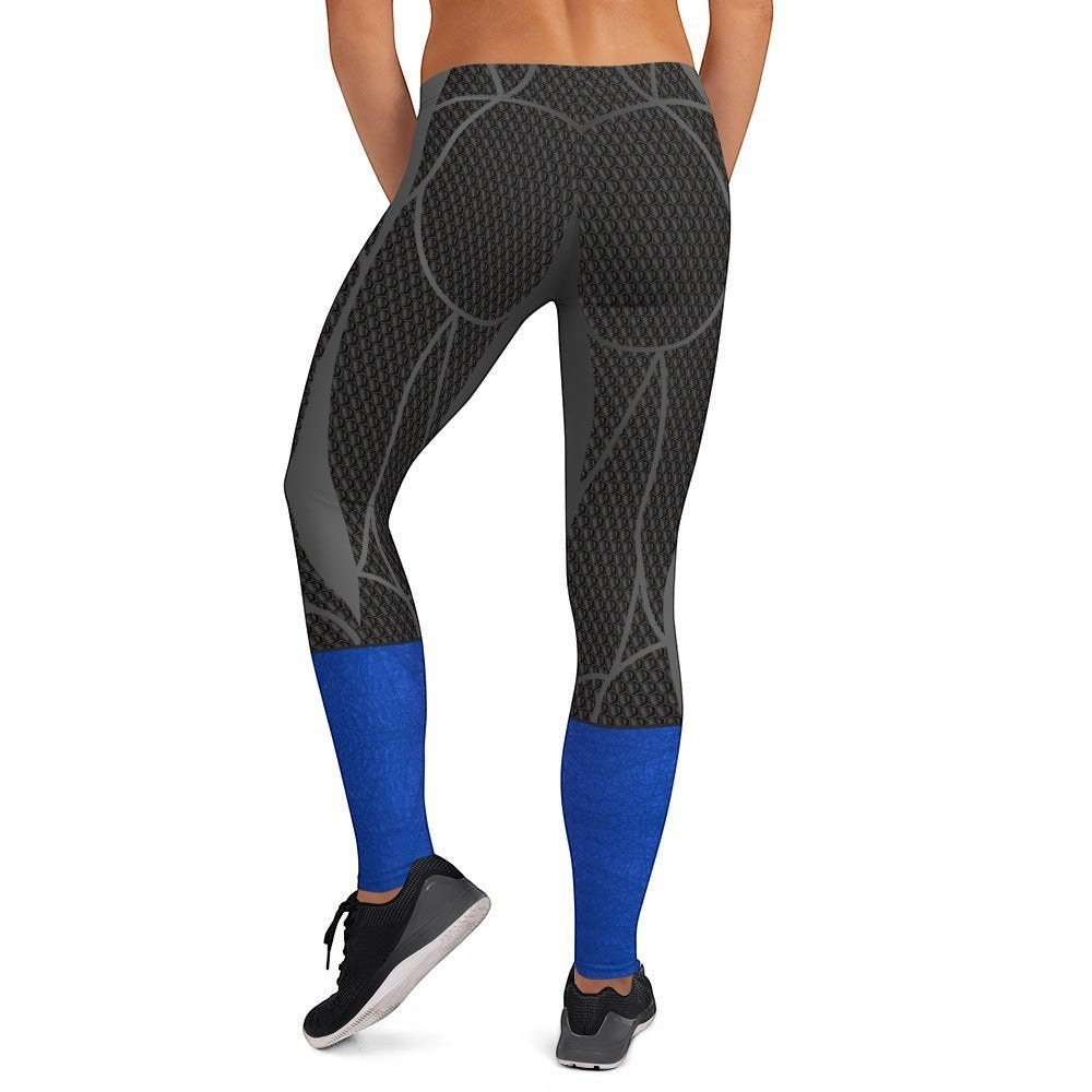 65mcmlxv womens blue and grey patterned leggings with blue cuffs. Polyester/spandex blend.