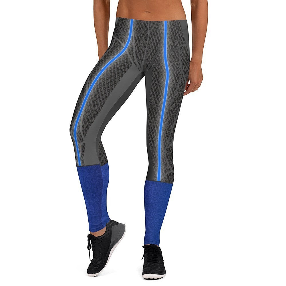 65mcmlxv womens grey and blue patterned polyester-spandex leggings with elastic waistband.