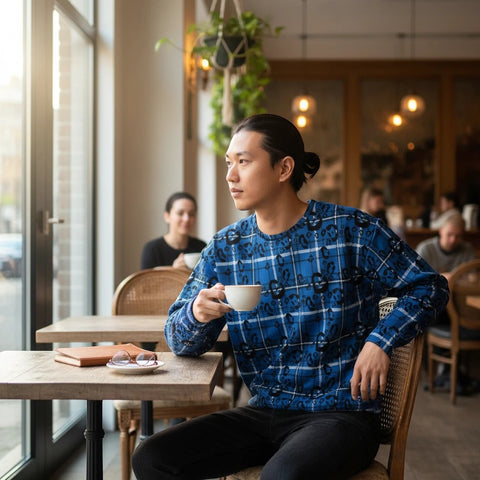65mcmlxv unisex blue plaid and leopard print fleece sweatshirt with crew neck and long sleeves.