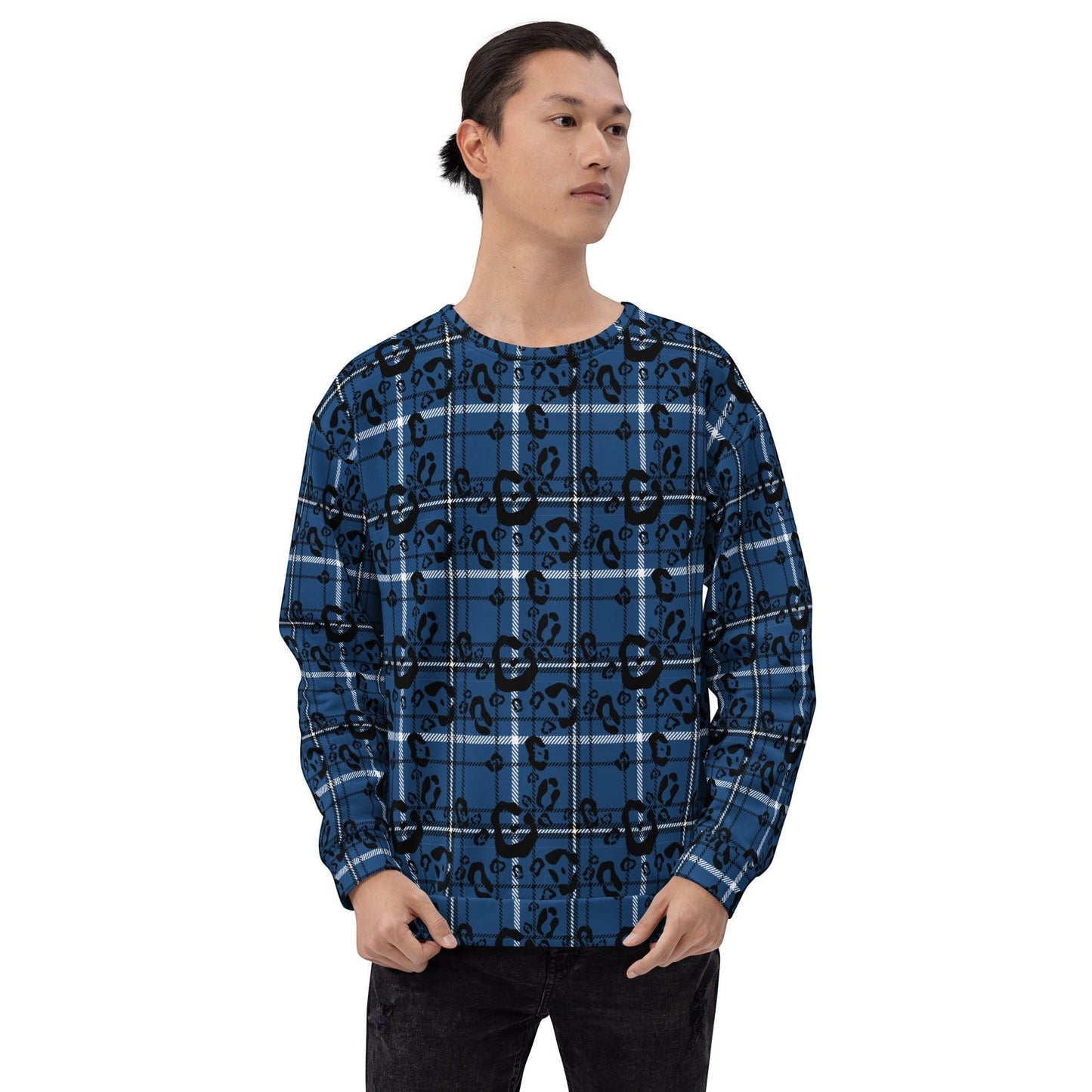 65mcmlxv unisex blue plaid and leopard print fleece sweatshirt with crew neck and long sleeves.