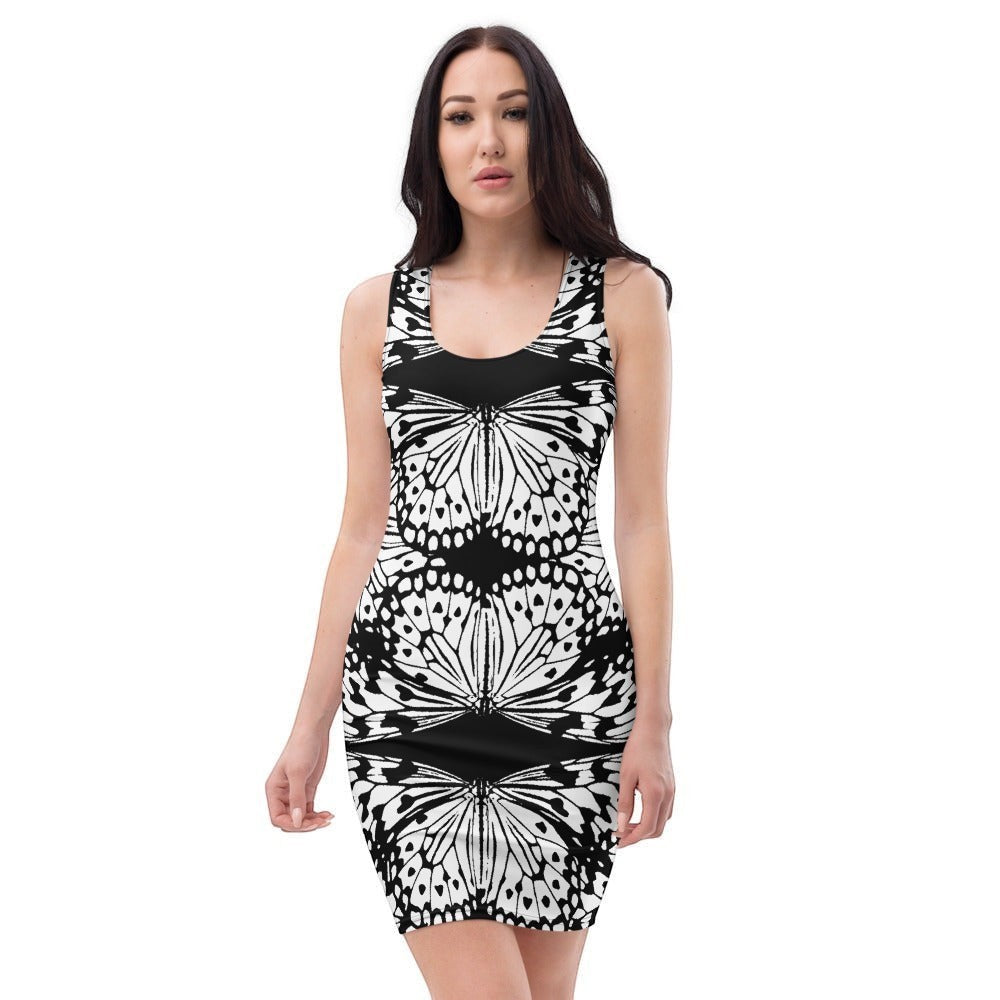 65mcmlxv black and white sleeveless bodycon dress with a bold butterfly wing print. Stretchy fabric.